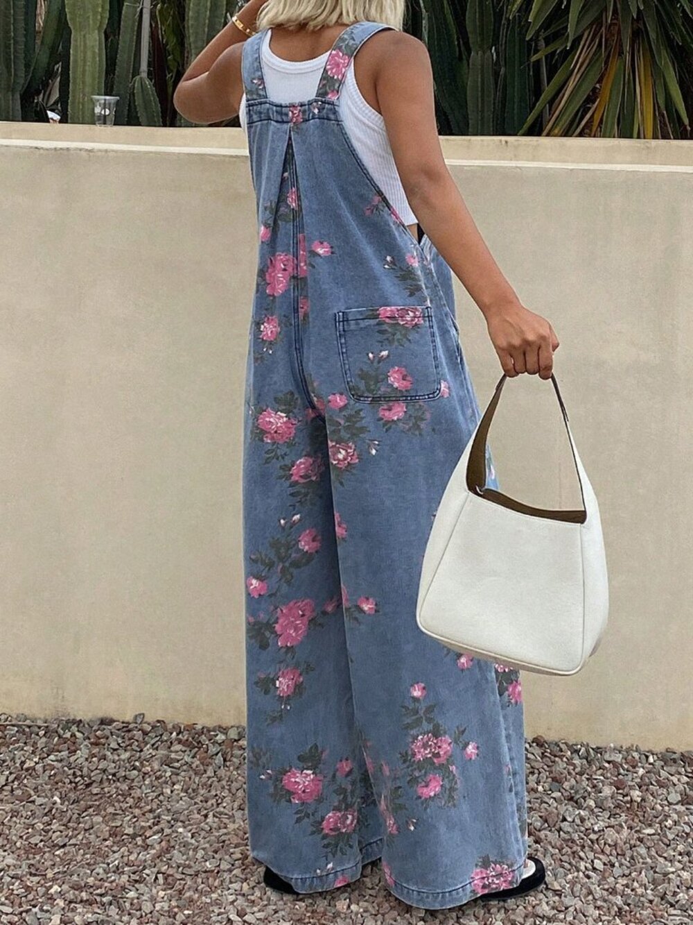Blue Boho Women's Denim Pleated Wide-Leg Floral Jumpsuit - Picture 2 of 7